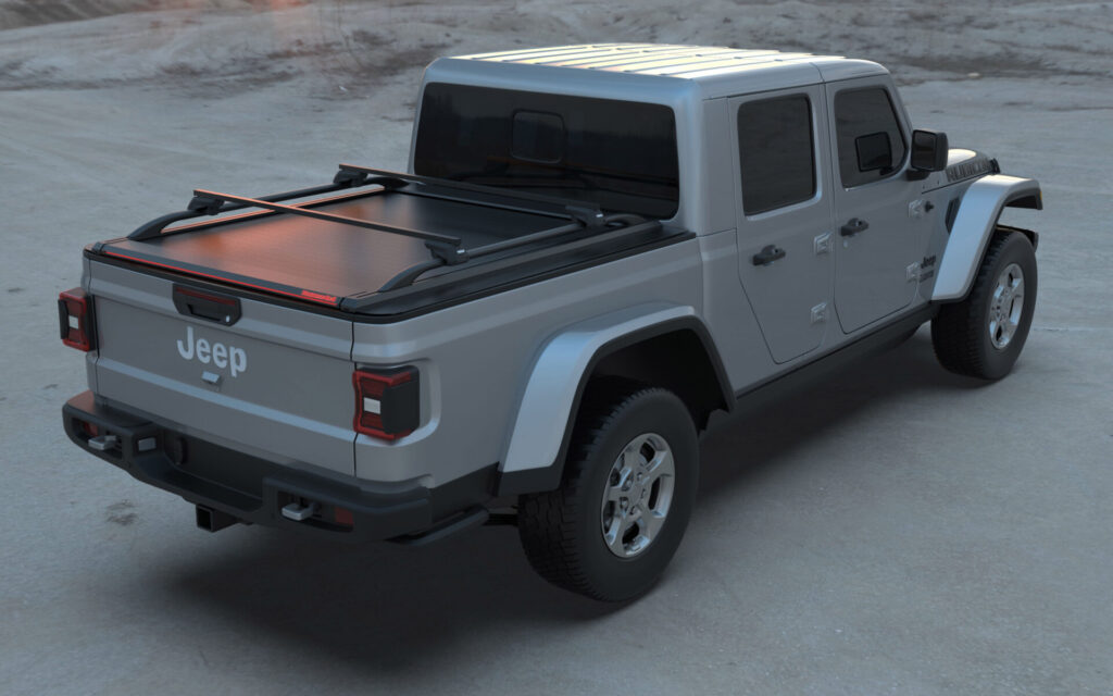 Silberfarbener Jeep Gladiator 2020+ mit matt-schwarzer Laderaumabdeckung Tessera SE.